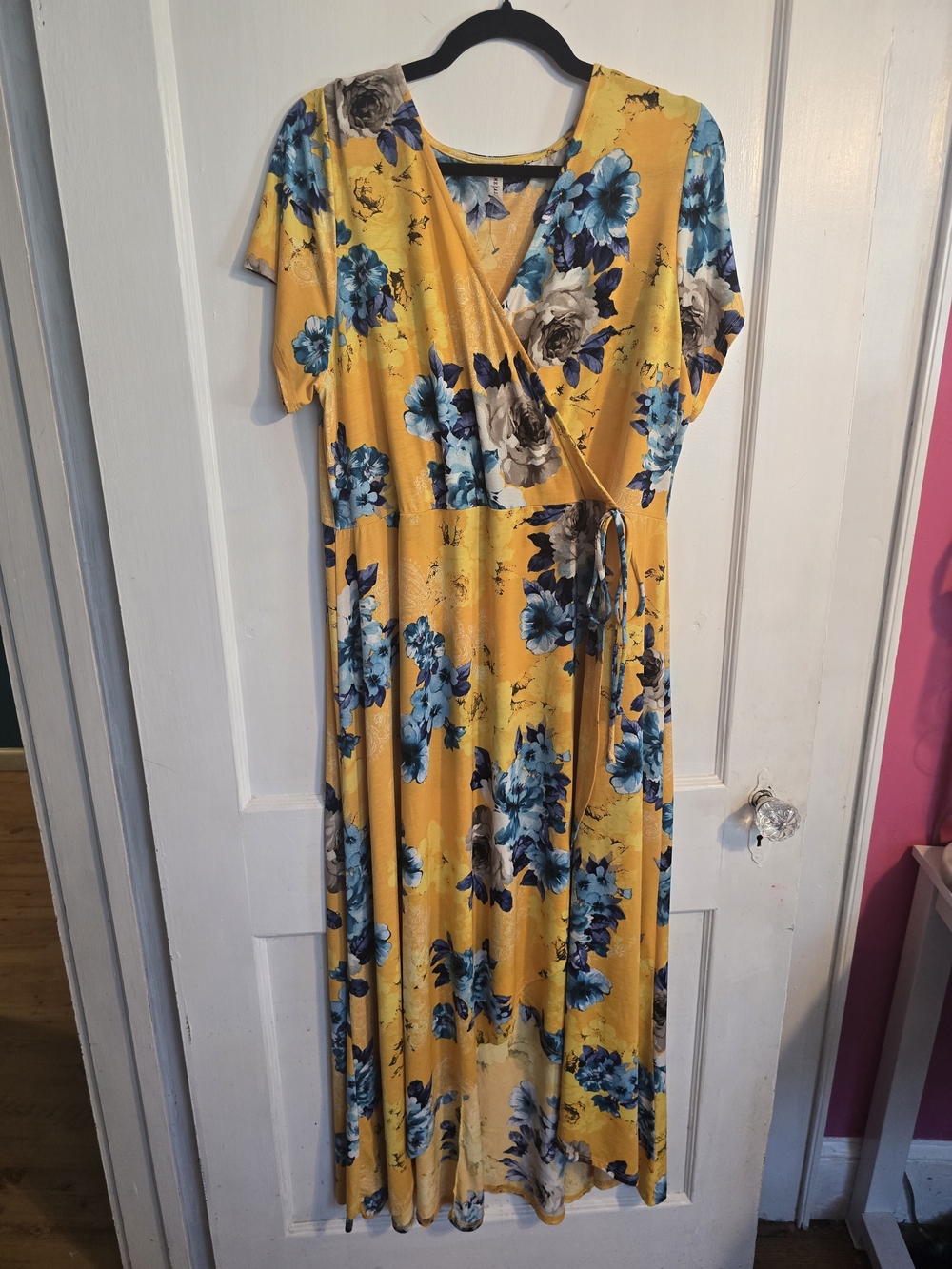 Emerald Yellow Floral Wrap Maxi Dress with Blue and Gray Blooms